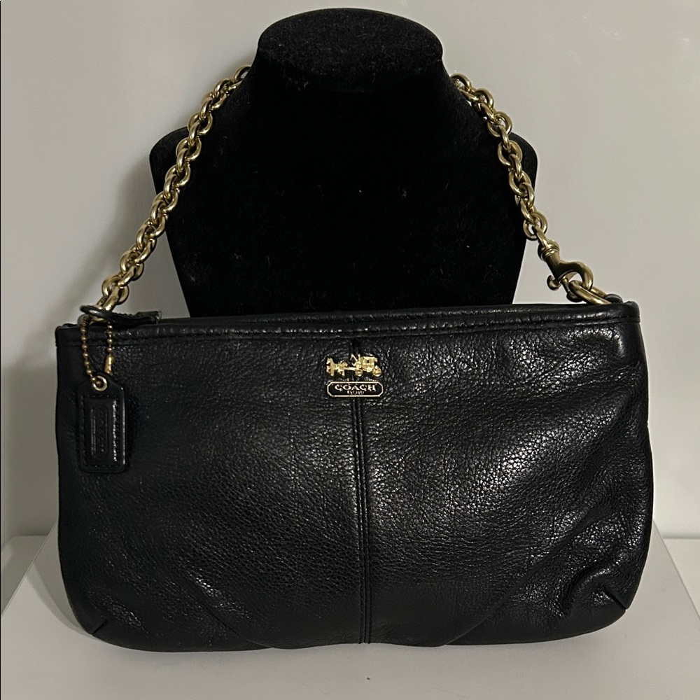 Coach Black Leather Clutch with Gold Chain